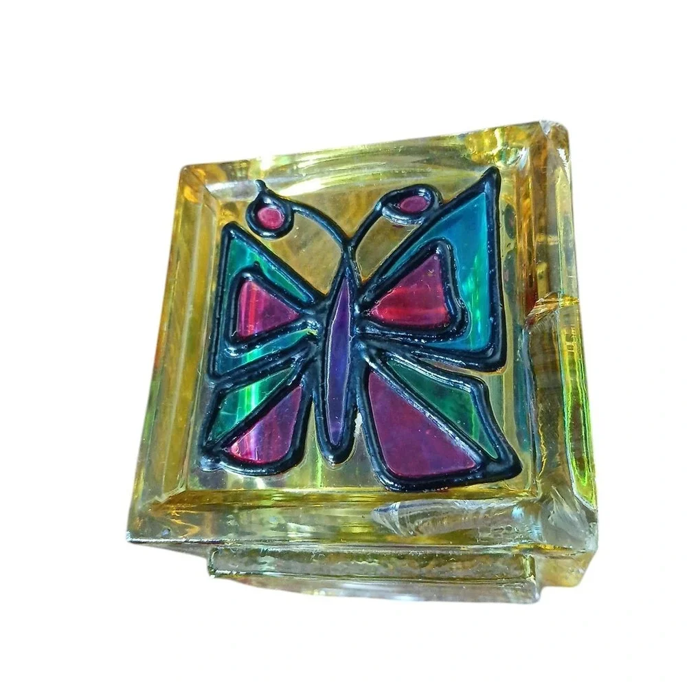 Vtg Stained Glass Handmade Studio Art Candle Holder Ladybug Butterfly 3